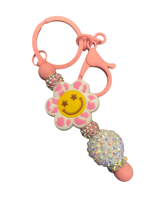 Pink Flower Smiley Face Keychain